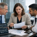 Broker team market analysis with trading charts on a laptop.