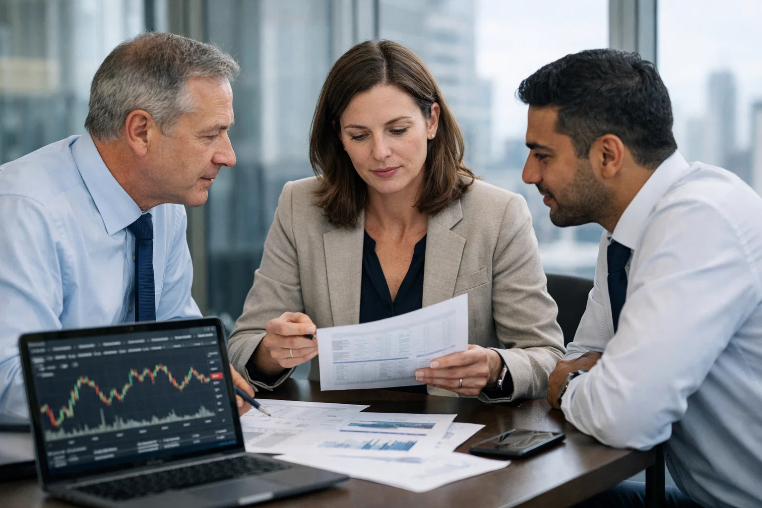 Broker team market analysis with trading charts on a laptop.